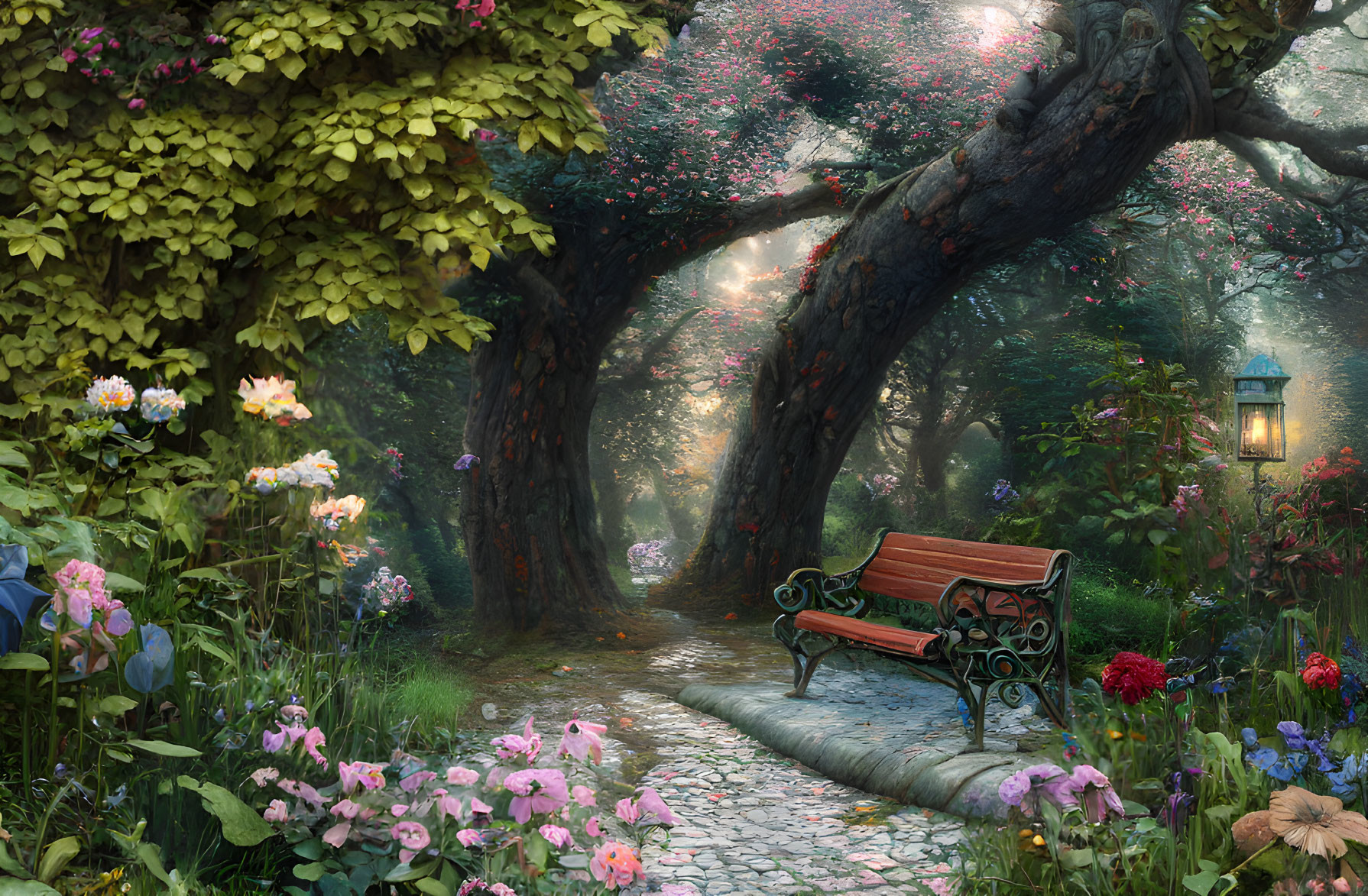 Tranquil garden scene with wooden bench, trees, flowers, lamp post, and sunlight beams.