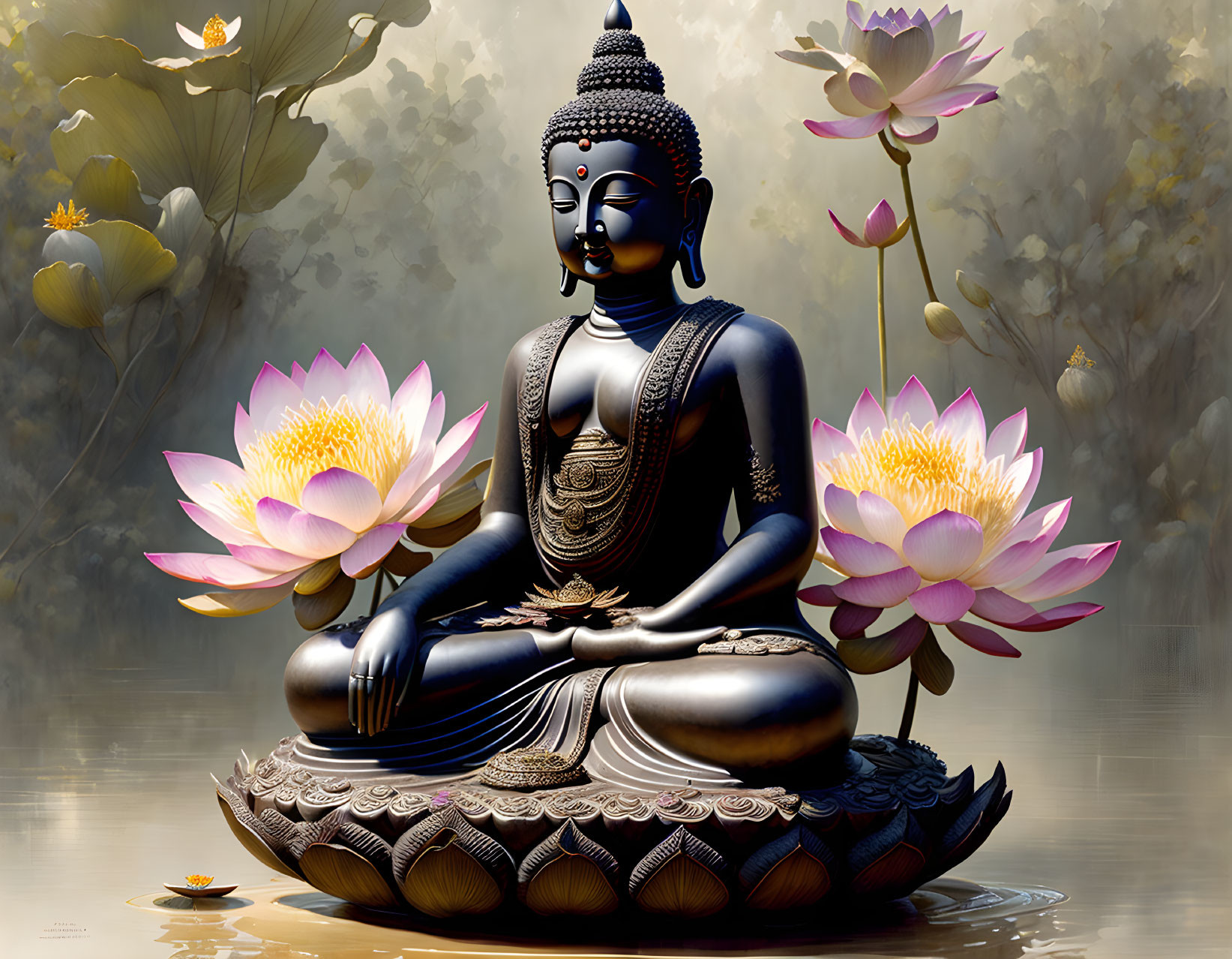 Meditating Buddha statue on lotus base with pink lotus flowers