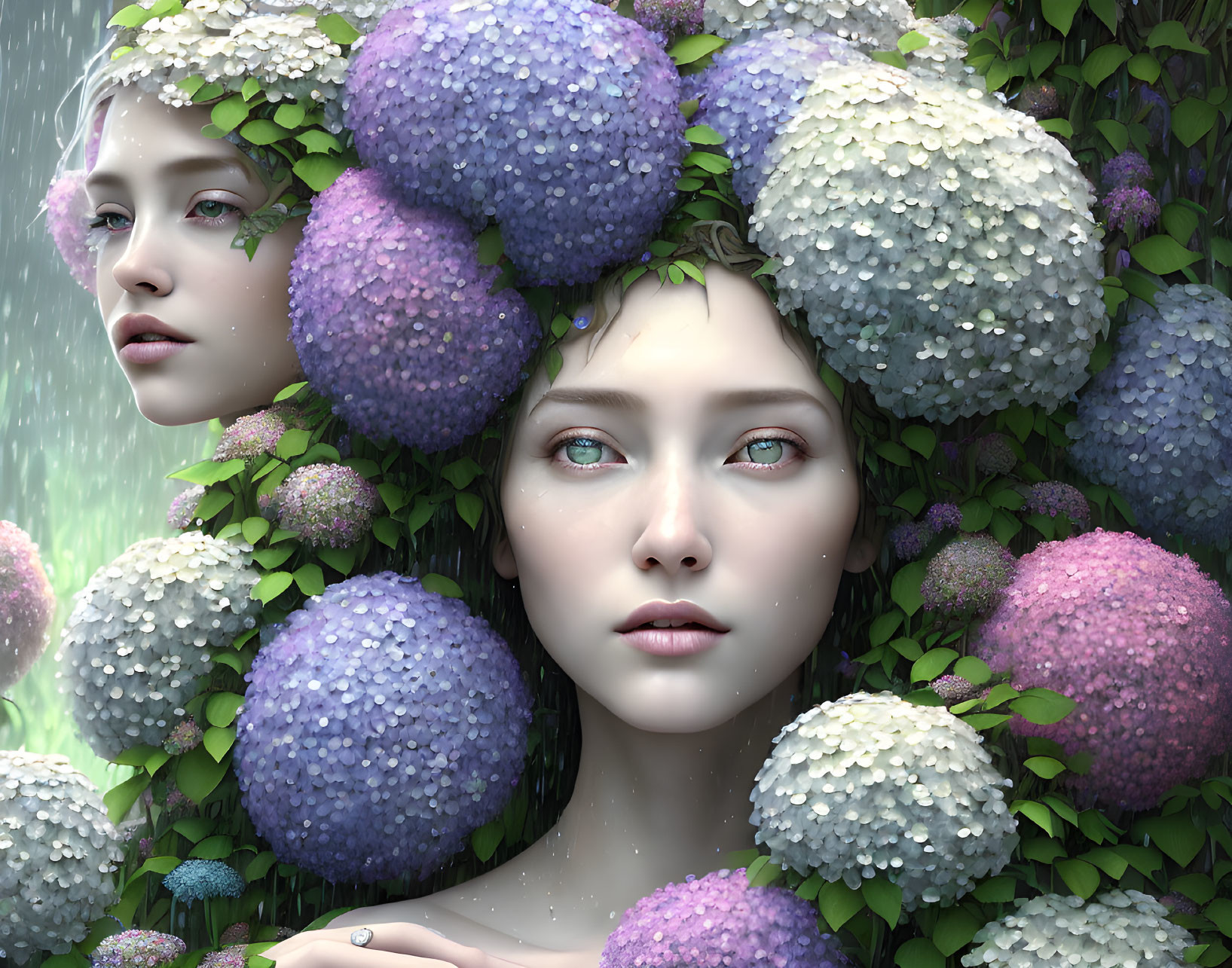 Ethereal figures in lush greenery with purple flowers