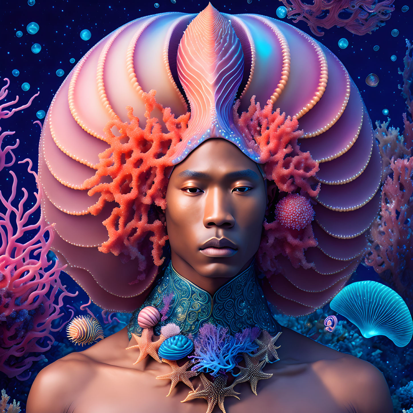 Surreal portrait with coral structures and sea elements on deep sea backdrop