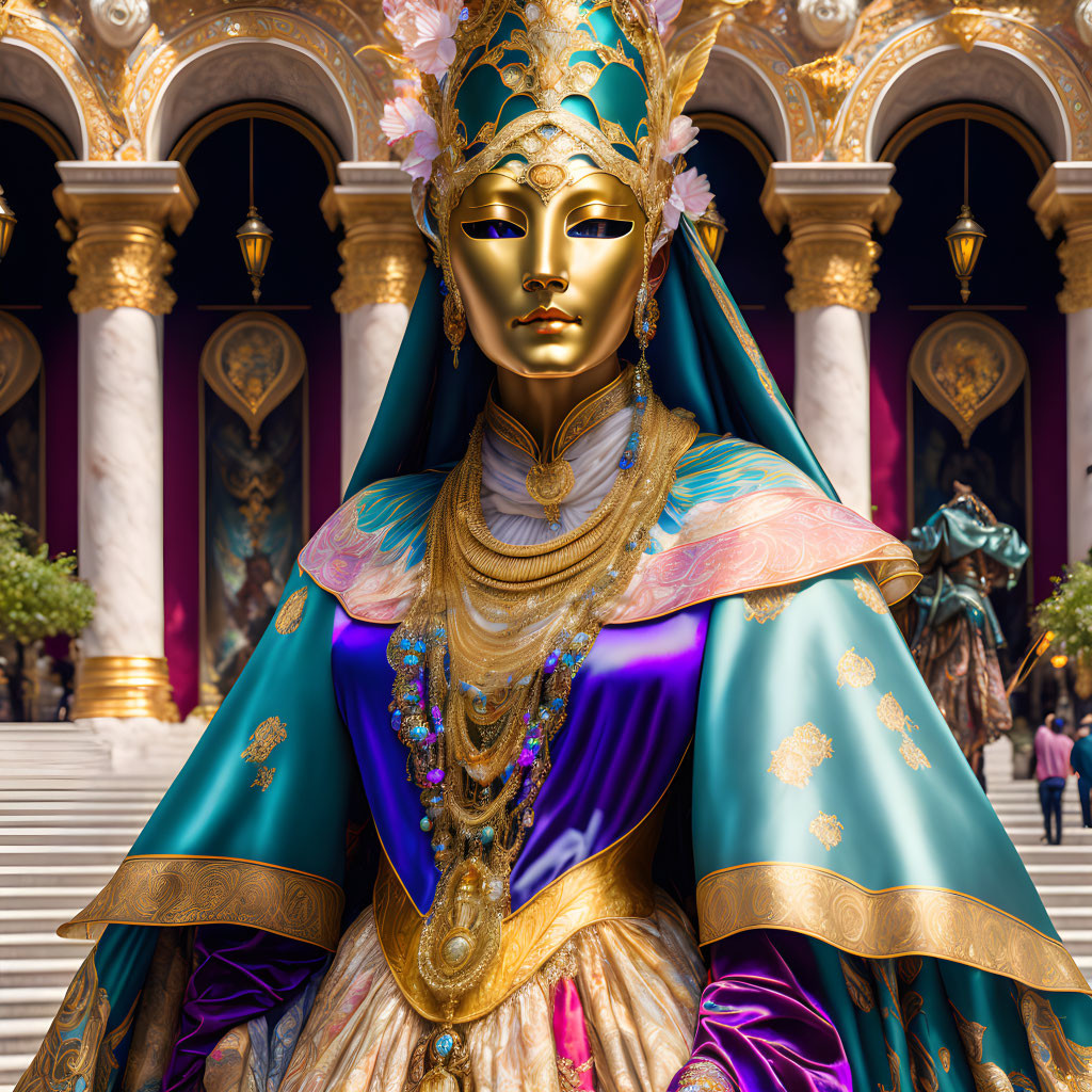 Regal figure in gold mask and luxurious robes with palace backdrop