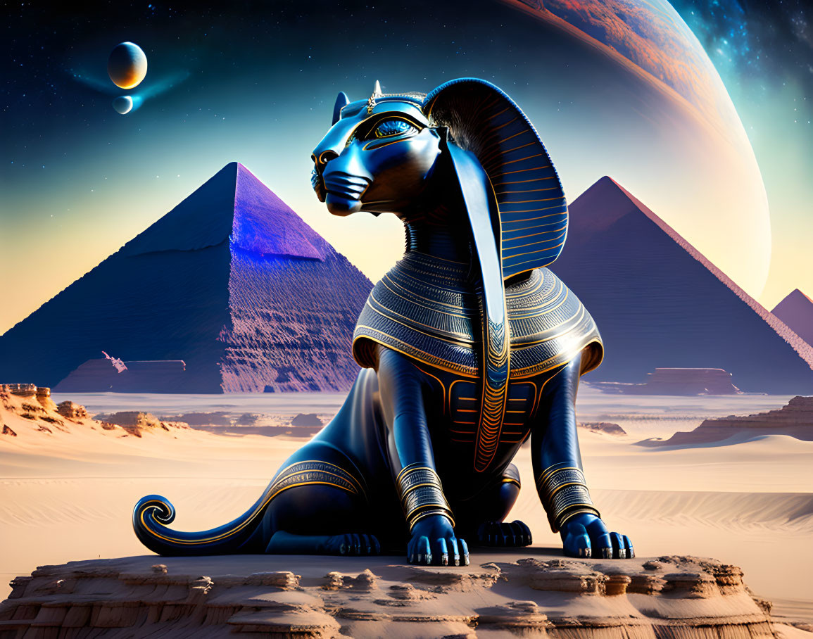 Surreal Egyptian sphinx statue with sci-fi twist amid pyramids and oversized planet