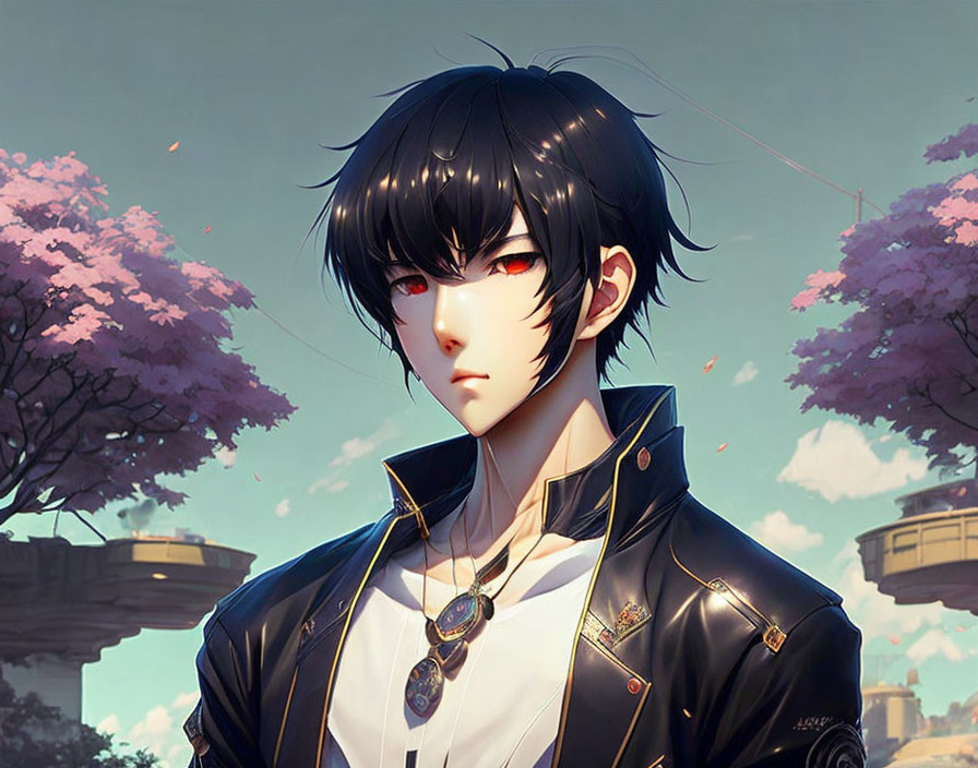 Anime-style male character with black hair in modern black and gold jacket among pink blossoming trees and floating