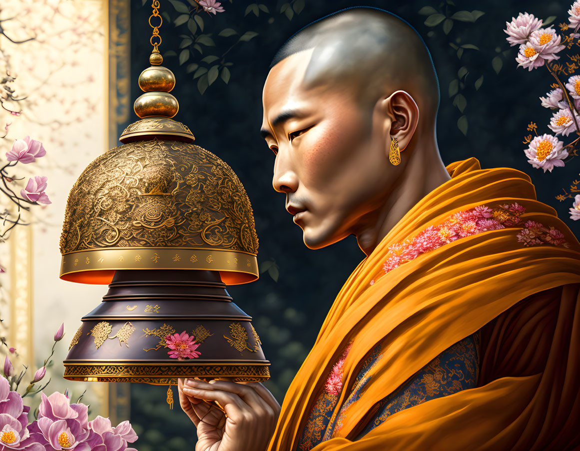 Bald Monk in Orange Robes with Bronze Bell and Flowers