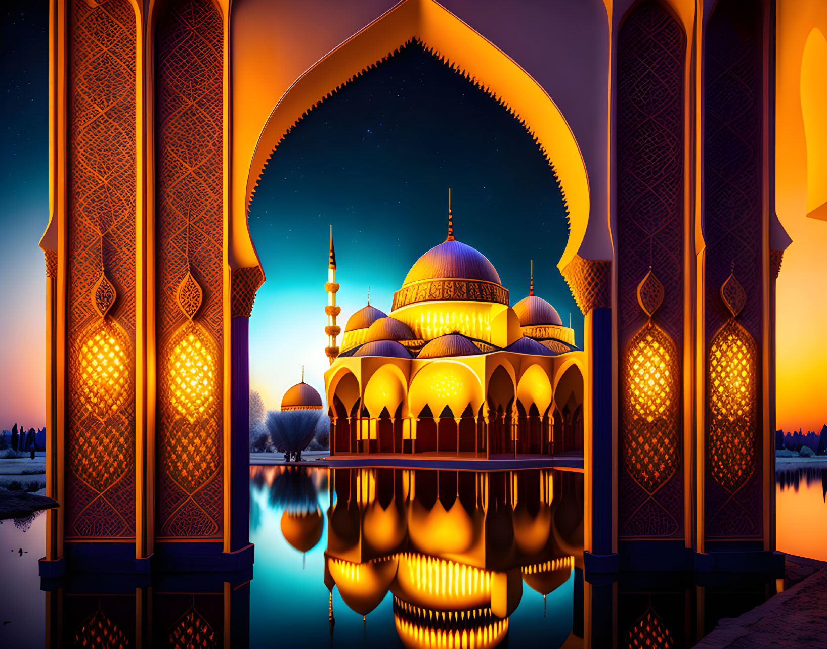 Majestic mosque with ornate arches reflecting on water at dusk