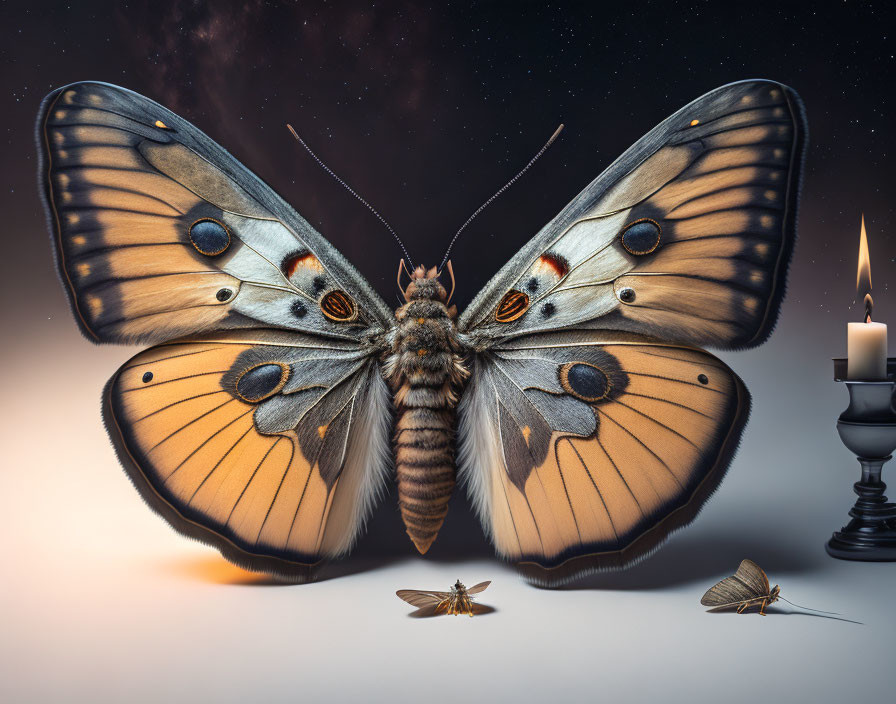 Large Butterfly, Candle, Moth, Starry Background: Detailed Image