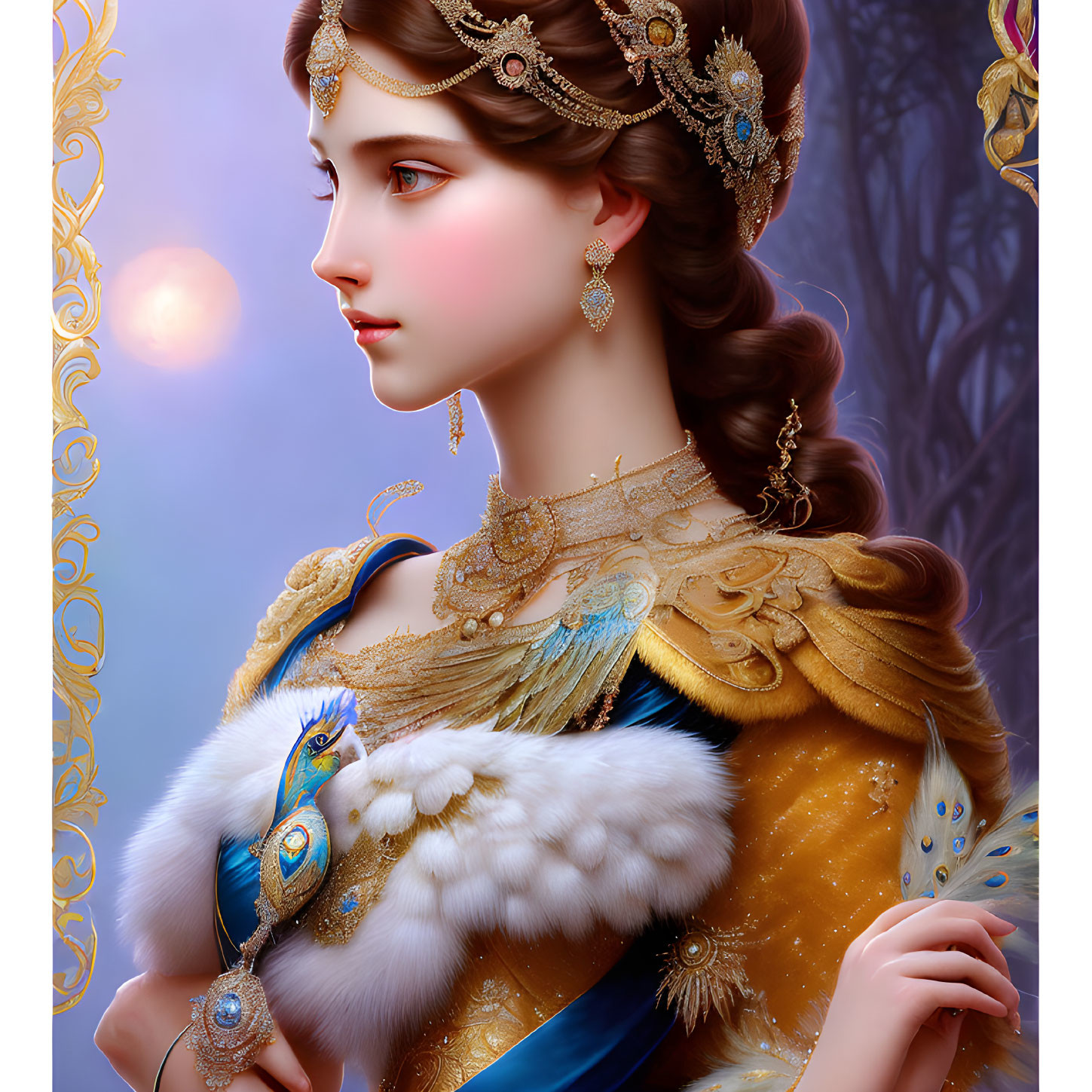 Elegant woman in golden headpiece and blue dress portrait