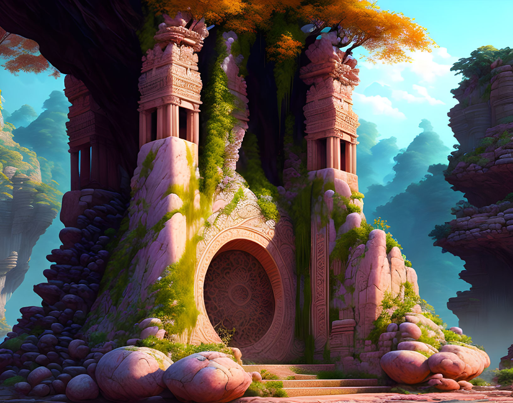 Mystical ancient ruins in enchanted forest with stone pillars and ornate door