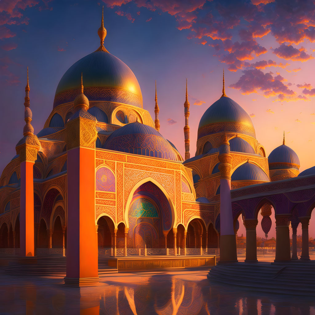 Ornate mosque illustration with intricate patterns and domes at sunset