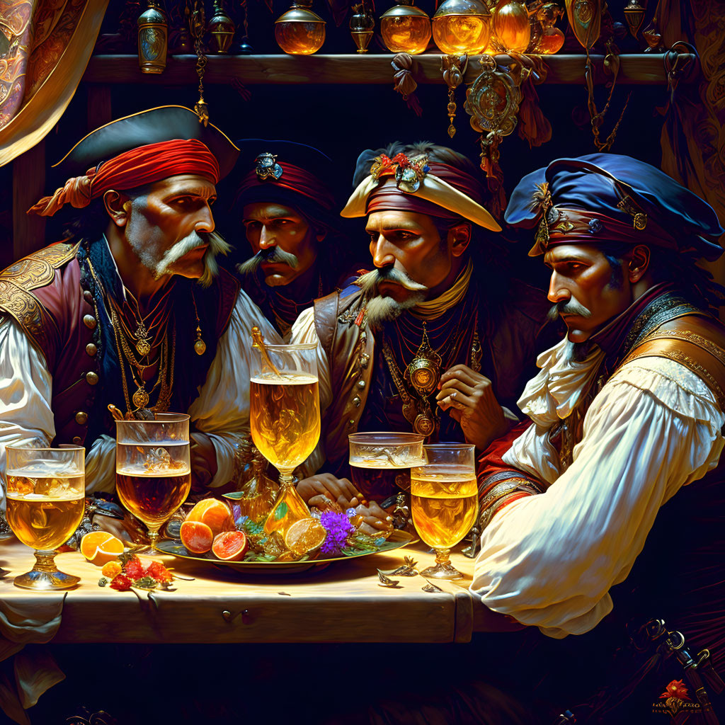 Detailed Image: Four Men in Pirate Attire Discussing at Table