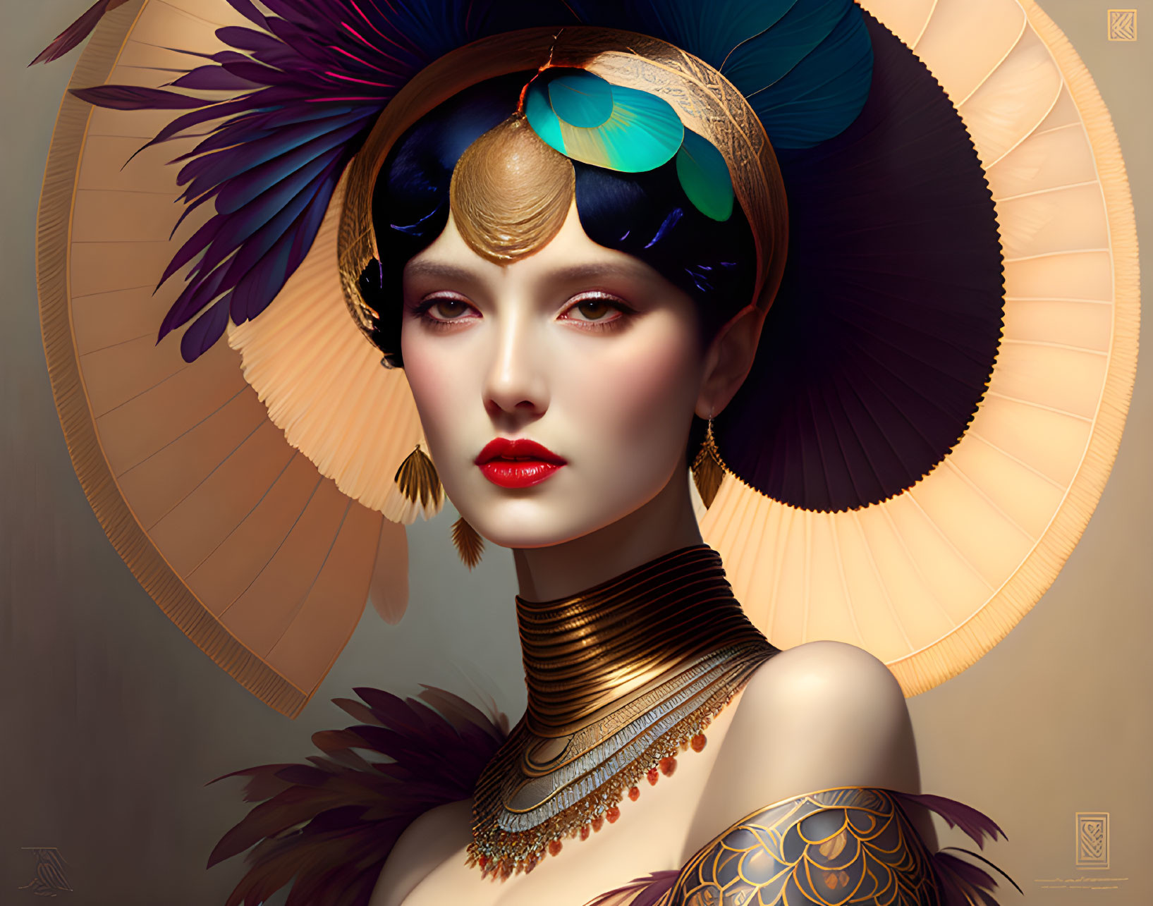 Elaborate feathered headdress and golden jewelry on woman in digital portrait