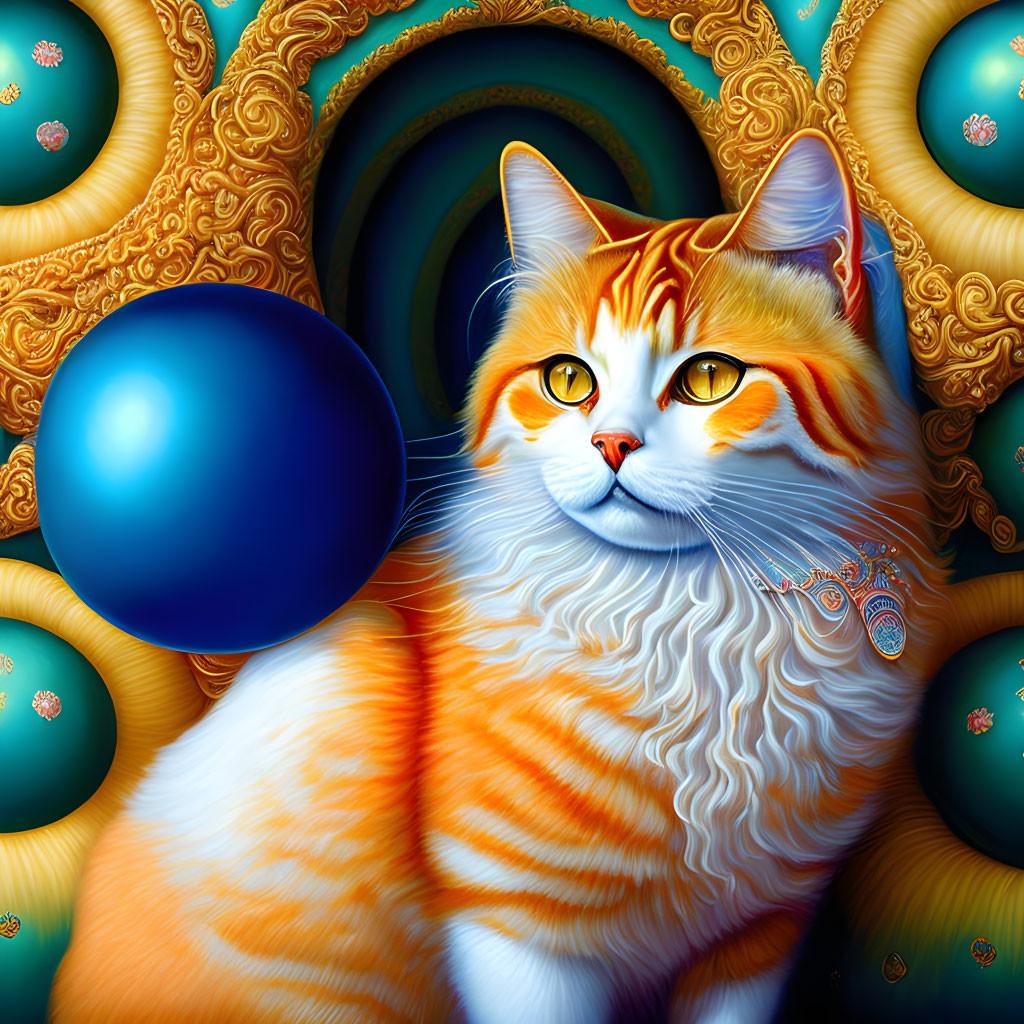 Colorful Cat with Blue Orb on Psychedelic Background