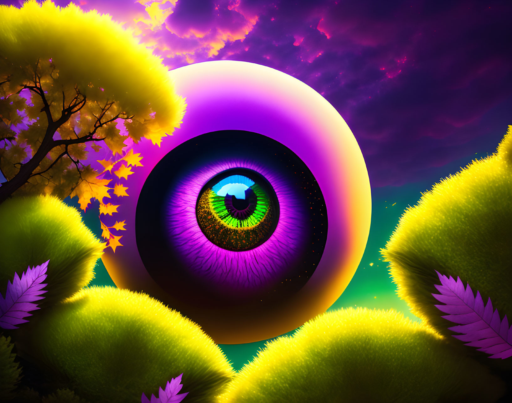 Vibrant surreal landscape with giant eyeball, green foliage, and purple starry sky