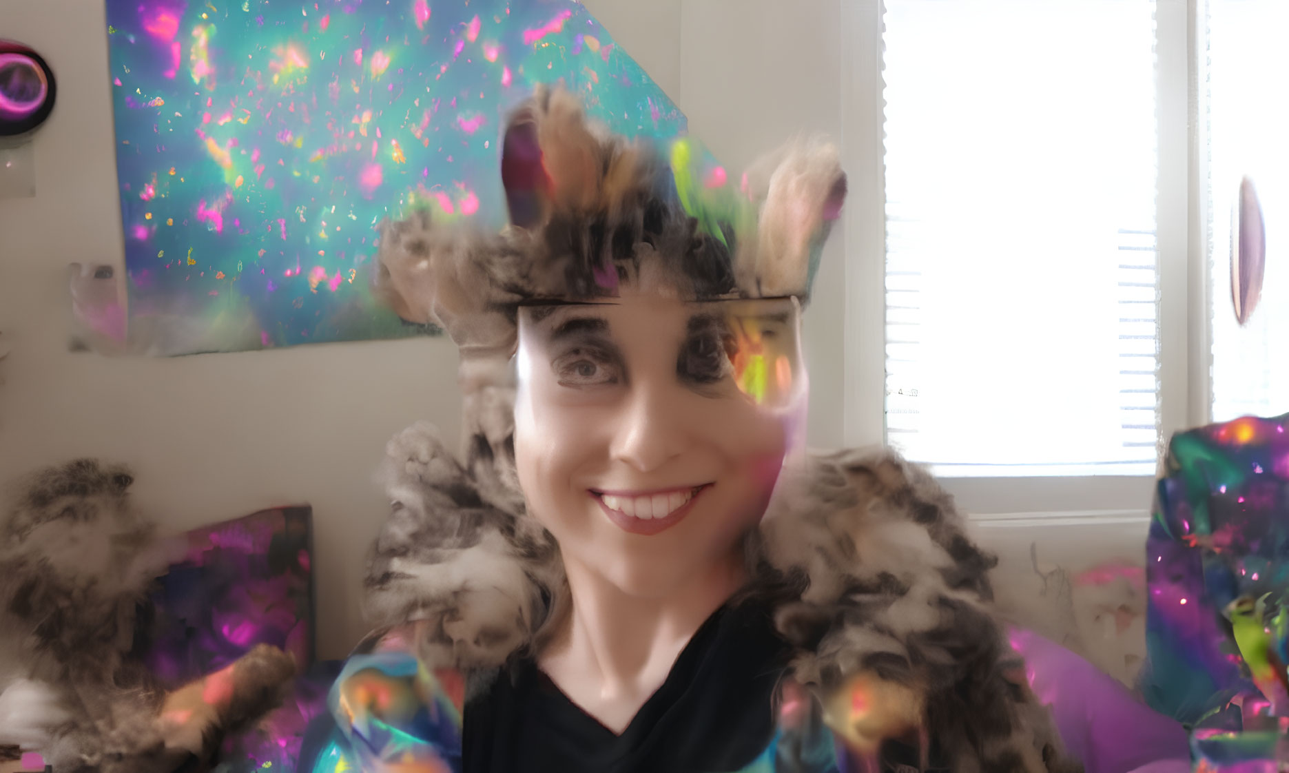 Person in furry costume smiling indoors with colorful artwork background