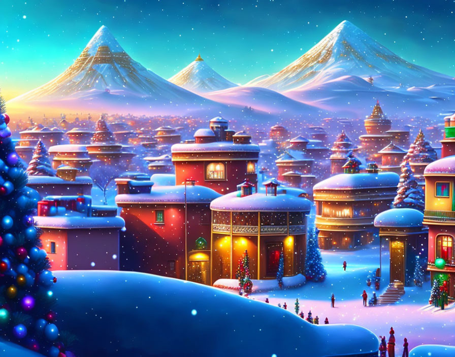 Snow-covered winter village with festive lights and snowy mountains at twilight