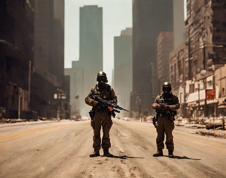 Deserted urban street with soldiers in gas masks