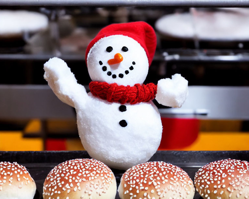 Plush snowman with red hat and scarf in factory conveyor belt scene