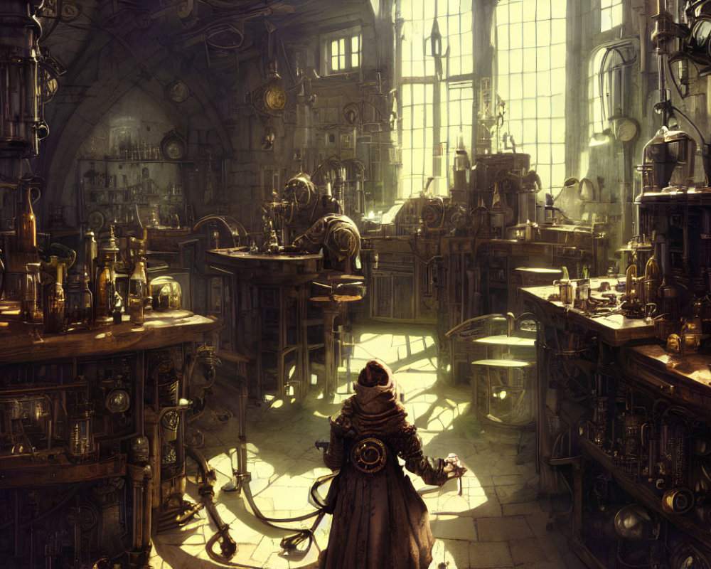 Person in cloak in sunlit steampunk laboratory with brass gadgets