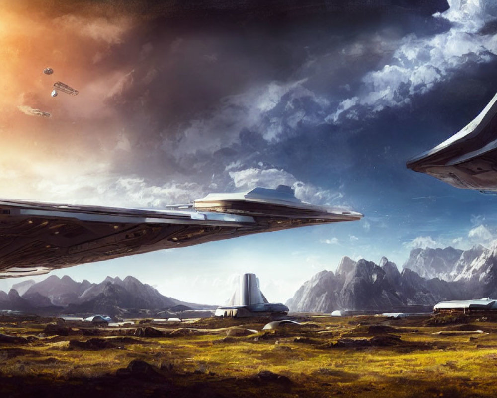 Futuristic landscape with spaceships, vibrant sky, rocky mountains, and dramatic cloudscape