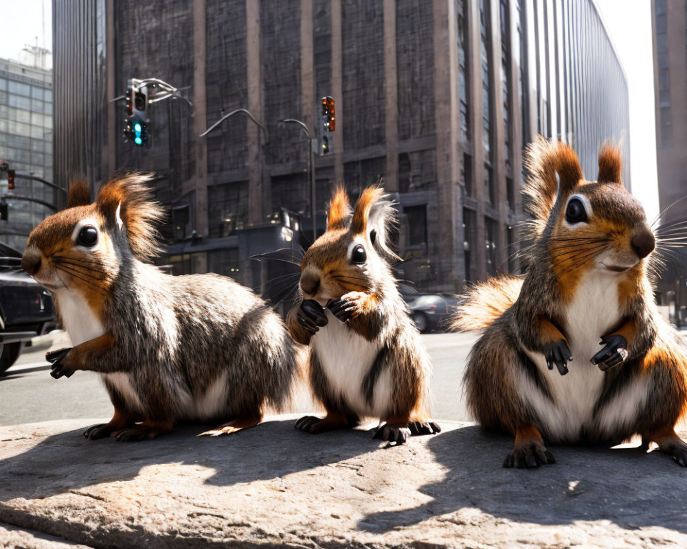 Three animated squirrels on city street corner with cars and high-rise buildings