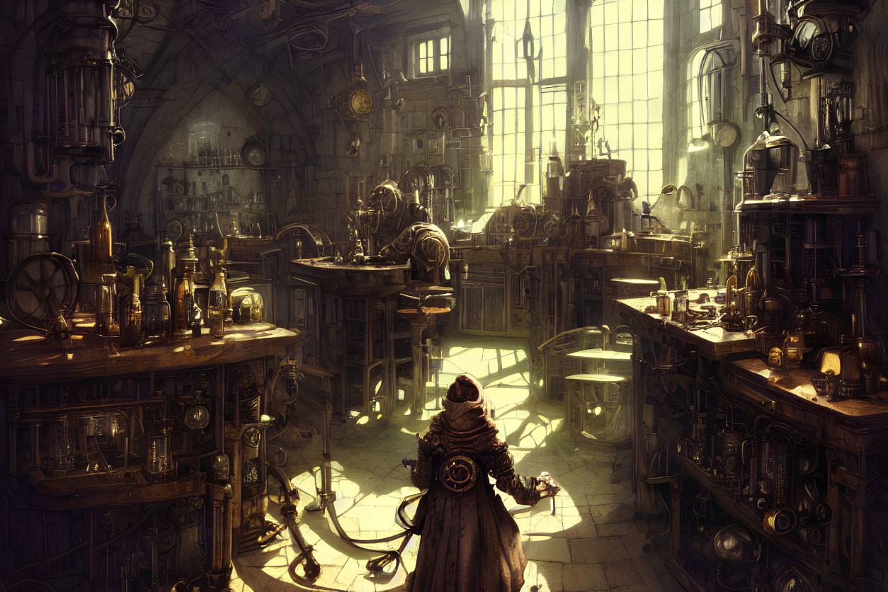 Person in cloak in sunlit steampunk laboratory with brass gadgets