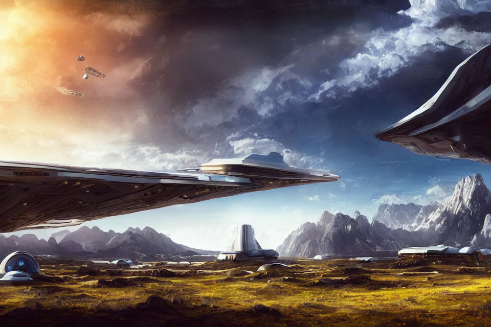 Futuristic landscape with spaceships, vibrant sky, rocky mountains, and dramatic cloudscape