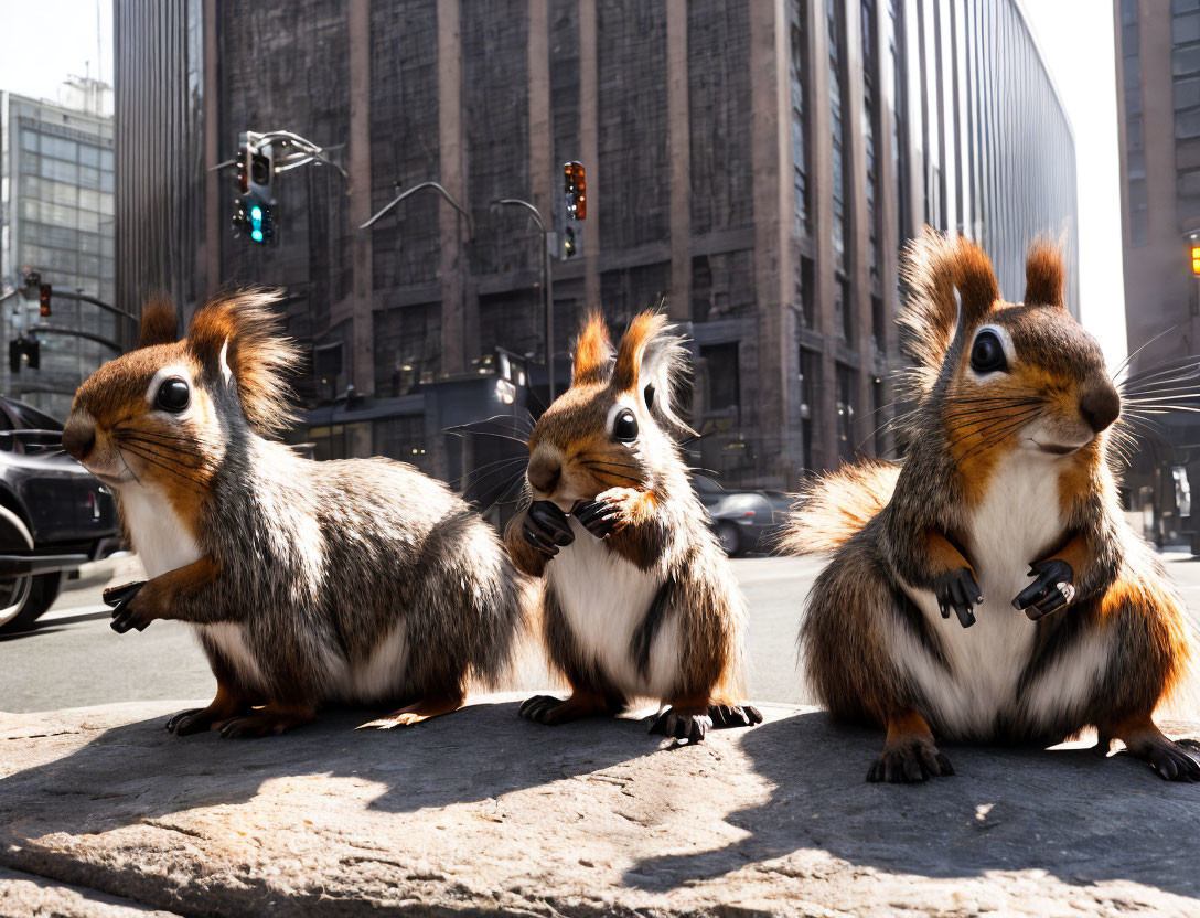 Three animated squirrels on city street corner with cars and high-rise buildings