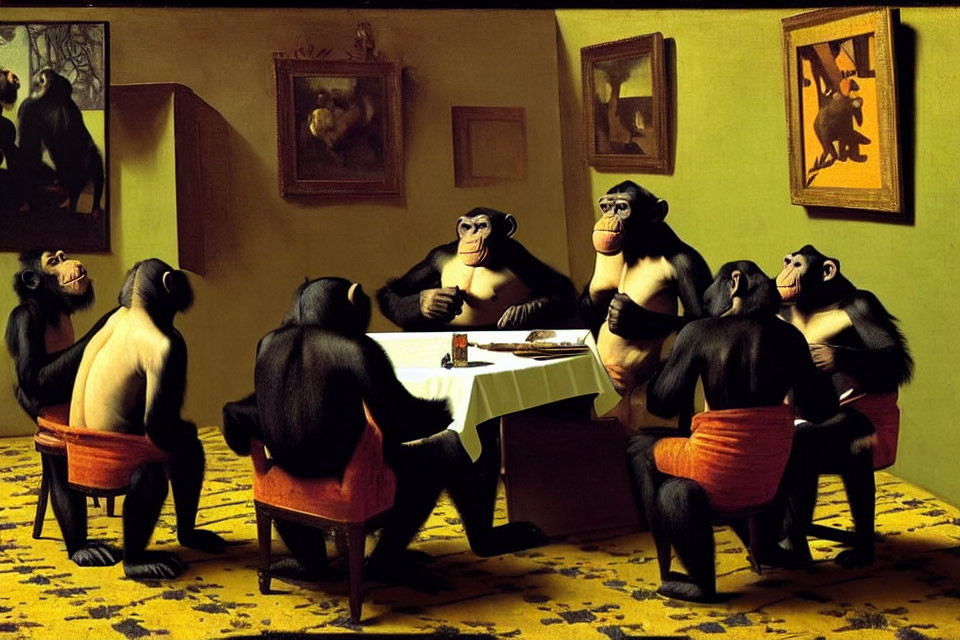 Chimpanzees in human-like poses at table with cards, drinks, and cigars