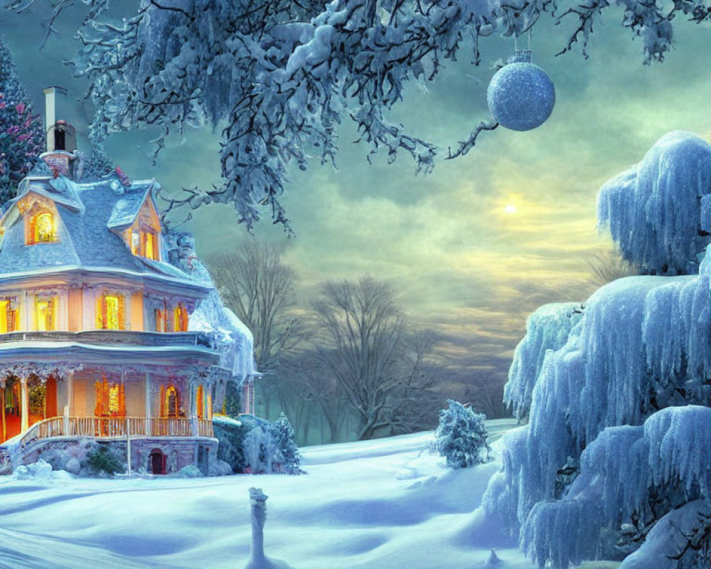 Snowy Dusk Landscape with Victorian House and Icicle Trees