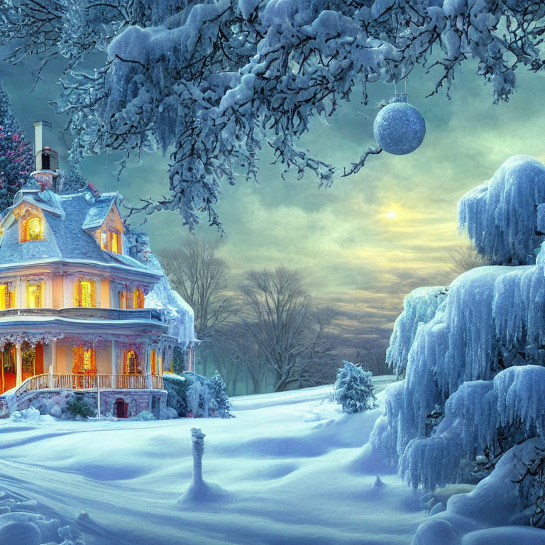 Snowy Dusk Landscape with Victorian House and Icicle Trees