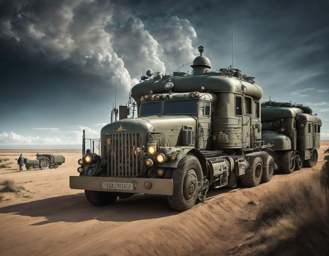 Military convoy with lead truck in desert landscape under cloudy sky