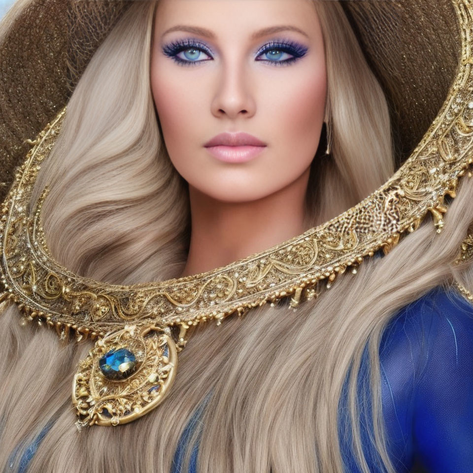 Woman with Blue Eyes, Blonde Hair, Wide-Brimmed Hat, and Ornate Necklace