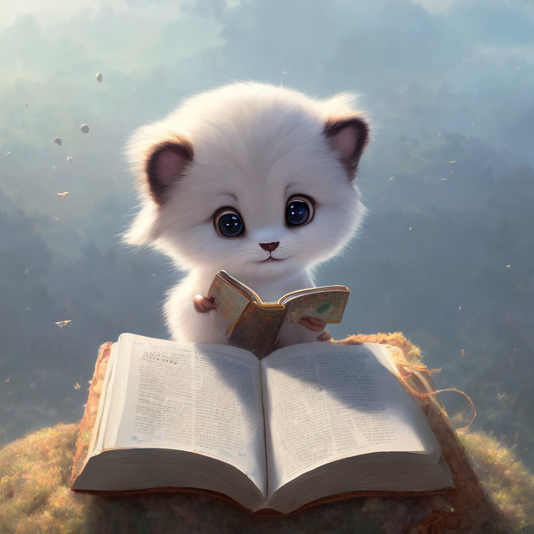 Fluffy white kitten reading book in dreamy landscape