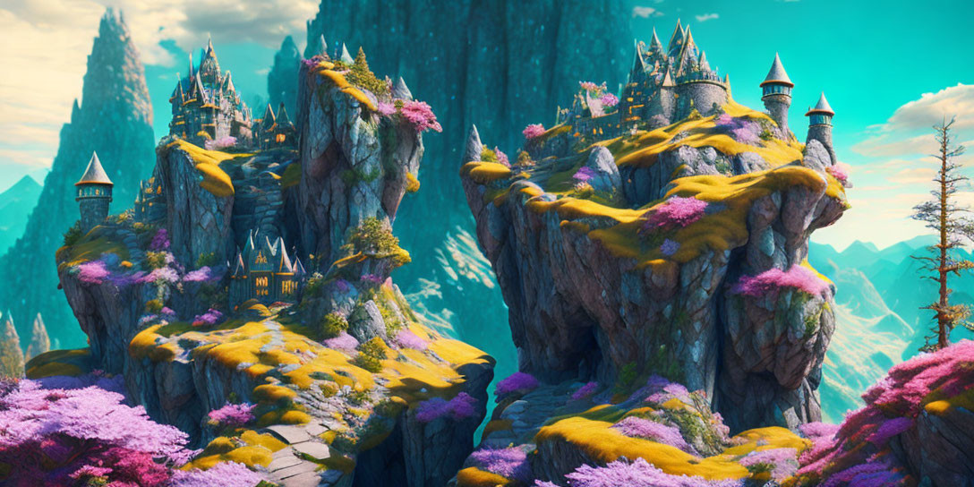 Fantasy landscape featuring towering rock pillars with castle tops and vibrant purple and yellow flora under clear blue sky