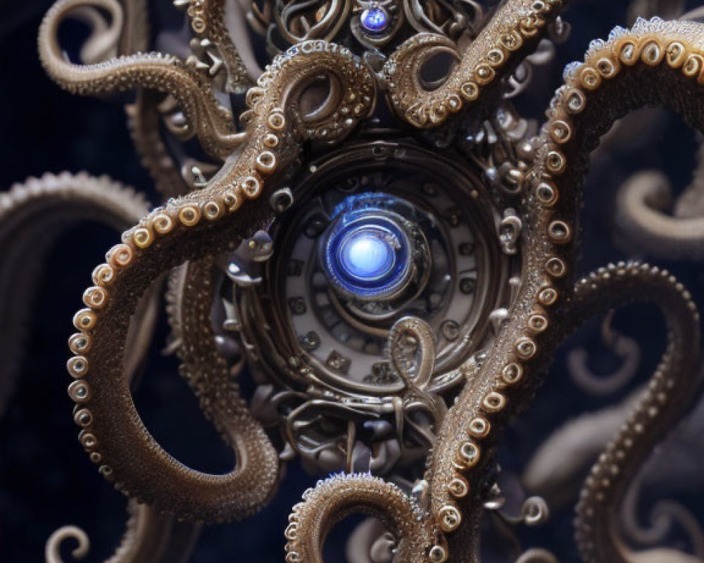 Steampunk-style octopus sculpture with clock, tentacles, gears, and gemstones