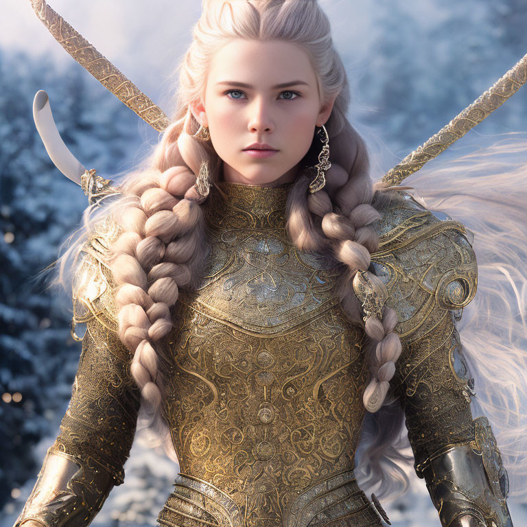 Fantasy warrior woman in golden armor with braided hair in snowy landscape