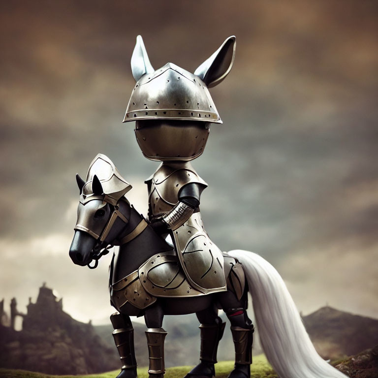 Rabbit-themed armor on horseback under moody sky