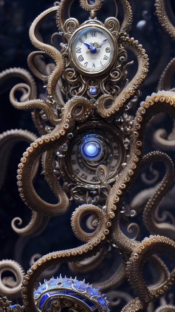 Steampunk-style octopus sculpture with clock, tentacles, gears, and gemstones