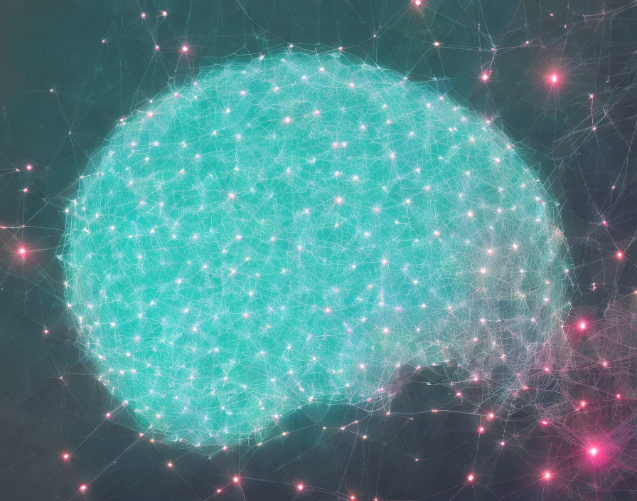 Complex Network Illustration with Glowing Spherical Shape and Pink Nodes