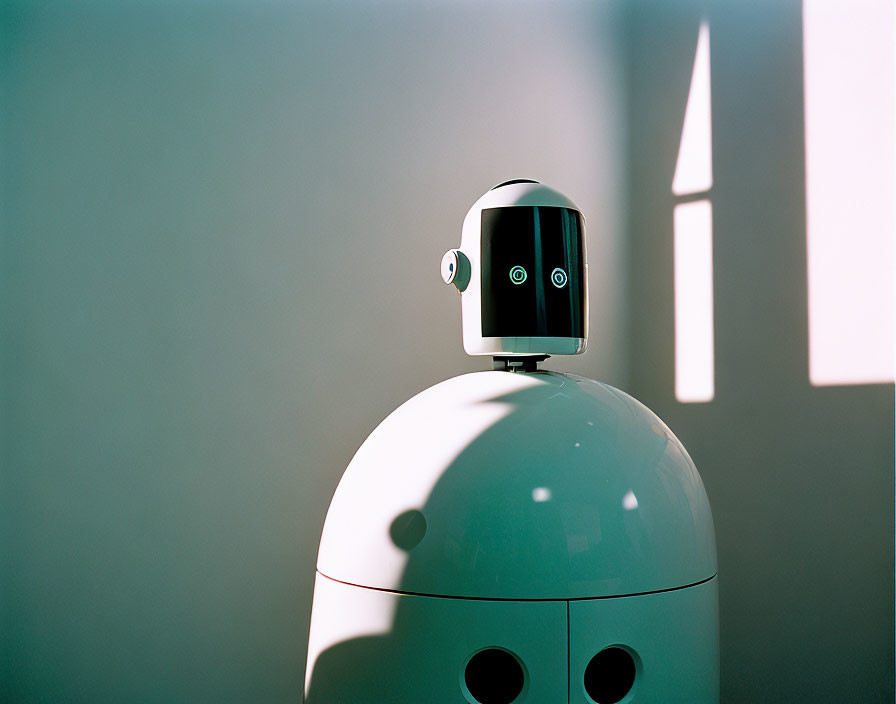 Sleek modern robot with spherical body and domed head against soft shadow backdrop