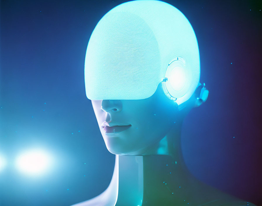 Futuristic robotic head with smooth face and blue glow on starry background