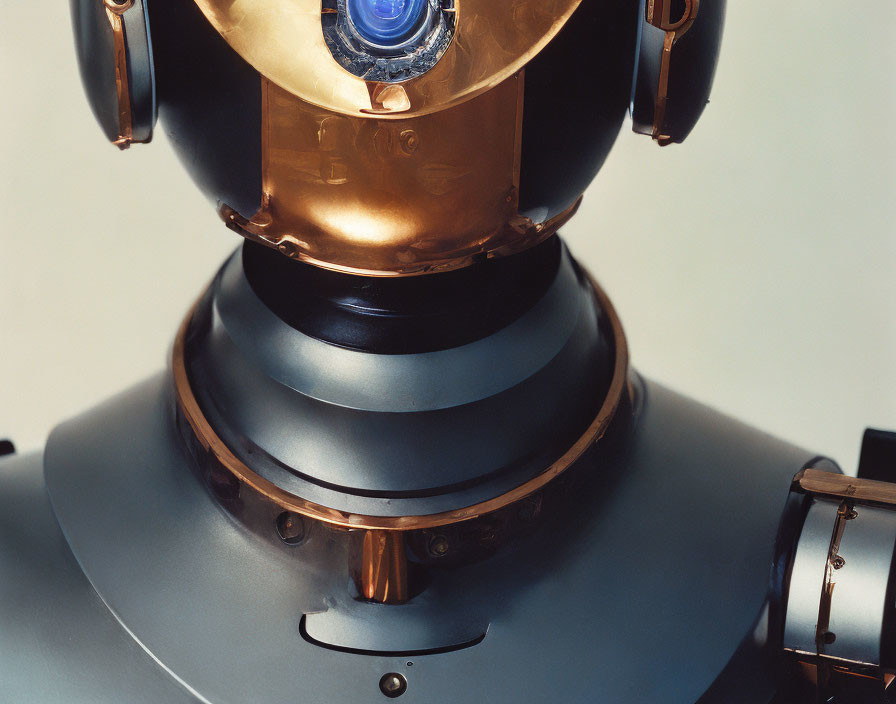 Gold and Black Robot Head with Blue Sensor Close-Up