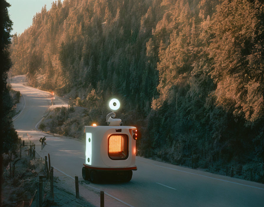 Autonomous Vehicle with Circular Sensor Travels Forested Mountain Road at Twilight