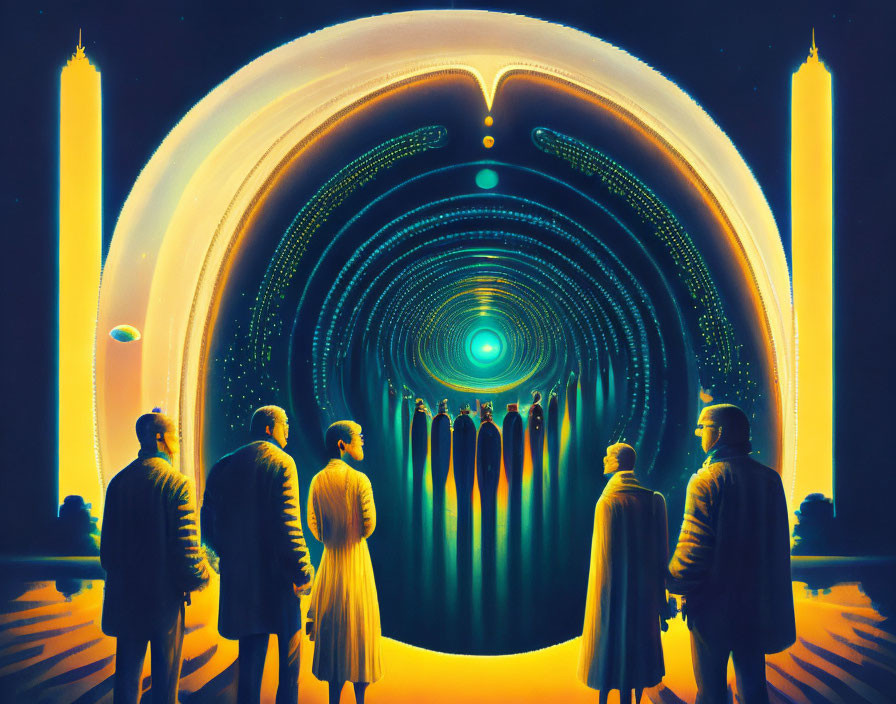 Group of people standing before futuristic glowing tunnel and radiant columns