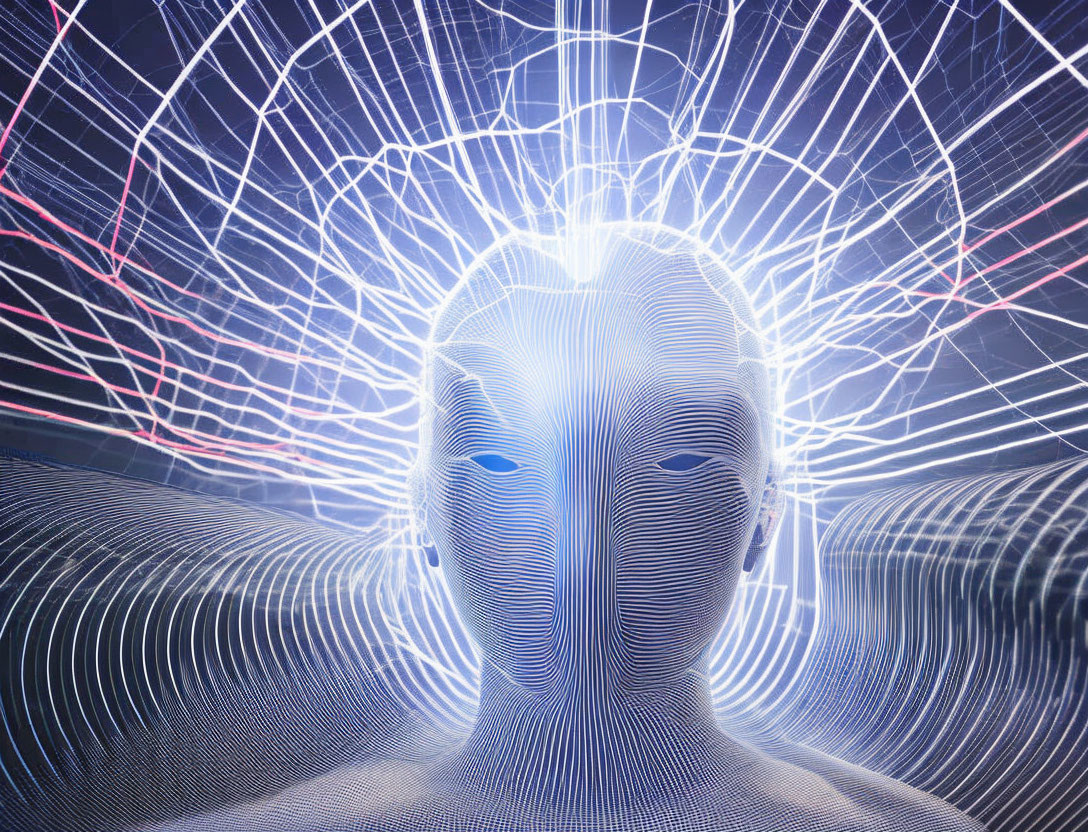 Digital Human Face Overlay on Wireframe Structure with Light Trails Background