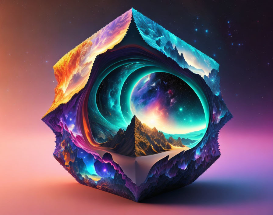 Vibrant cosmic landscape in twisted geometric shape