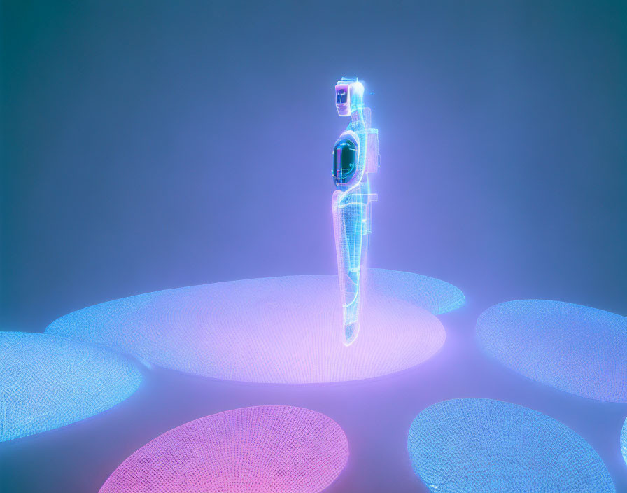 Futuristic holographic human figure in blue and purple glow