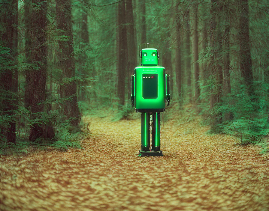 Green humanoid robot in forest path with coniferous trees