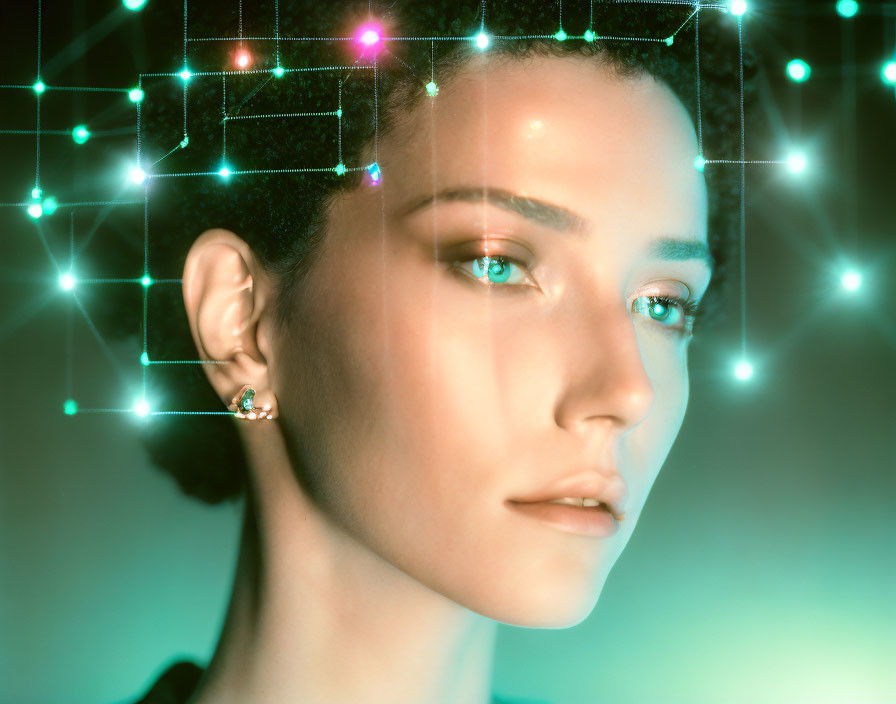 Futuristic grid overlay on woman's profile with glowing nodes