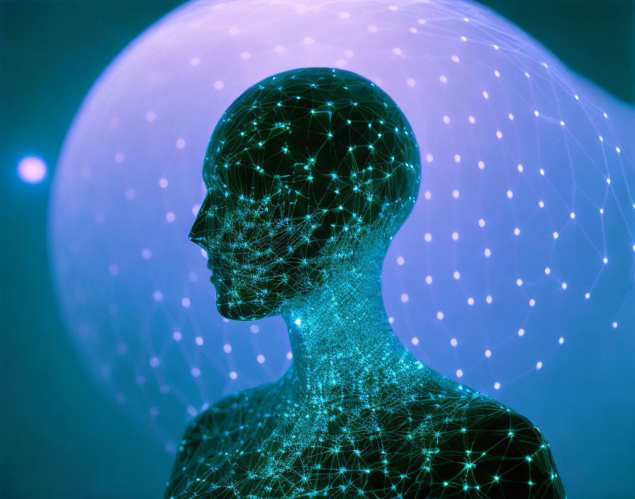 Digital illustration: Human head with interconnected lines and dots, surrounded by light aura symbolizing neural or artificial